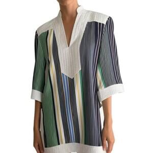 Shirt Navy Multi-Color Striped Textured Trim 3/4 Sleeve Casual Everyday